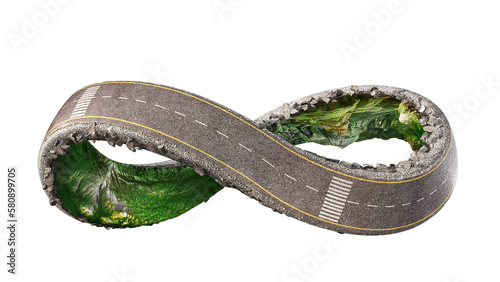 Road repair concept. Road in form of infinity sign with different road conditions on a white background. 3d illustration