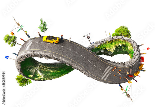 Road repair concept. Road in form of infinity sign with different road conditions on a white background. 3d illustration