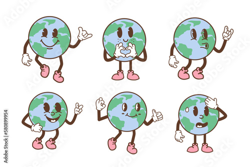Set of earth characters in trendy retro cartoon style. Funny comic globe with different face expression. Vintage planet mascot with arms and legs. Vector illustration isolated on white background.