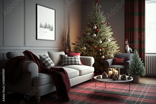 Christmas living room interior in studio apartment. Large decorated Christmas tree, sofa, plaid, gift boxes, fluffy carpet, light garlands. Generative AI