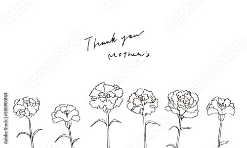 カーネーションの線画ベクターイラスト。手書きの春の花。母の日のイラスト。Line drawing vector illustration of carnation. Hand drawn spring flowers. Illustration for mother's day.
