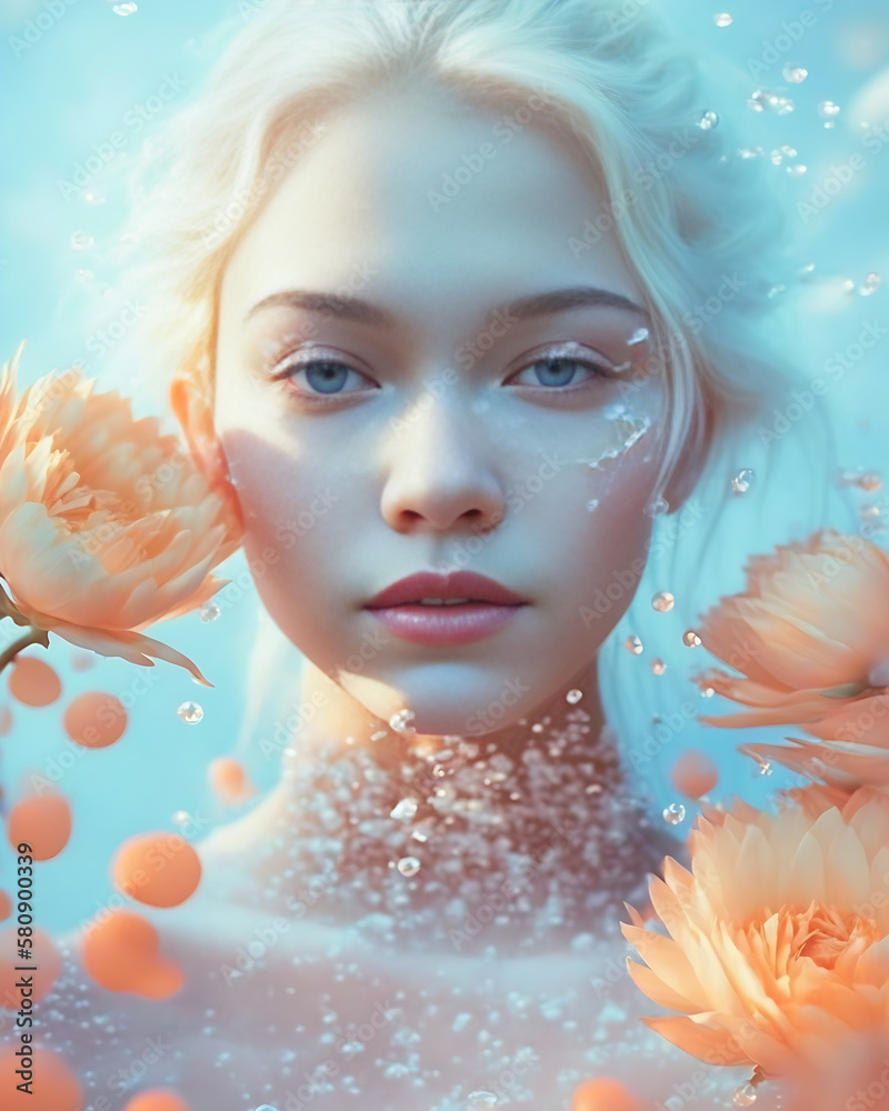 Generative AI Illustration of  portrait of beauty Caucasian woman in water with spring summer flowers, dreamy 