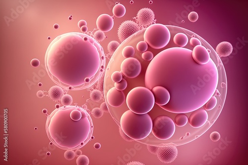 Floating stem cells on a pink aura colored background of skin cells. Skin care, anti Angie theory. Generative AI