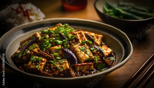 Hearty and Spicy Mapo Tofu with Braised Eggplant and Scallion Pancakes, AI Generated