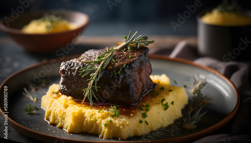 Slow-Braised Short Ribs with Creamy Parmesan Polenta, AI Generated