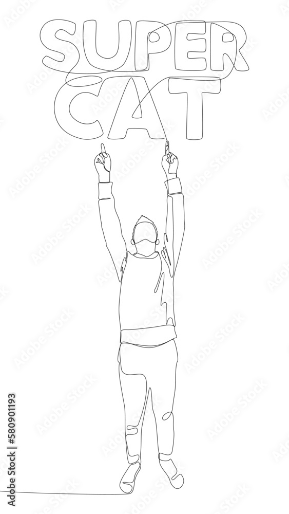 One continuous line of Man pointing with finger at Super Cat word. Thin Line Illustration vector concept. Contour Drawing Creative ideas.