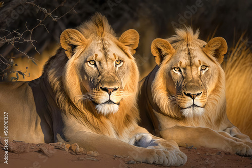 a couple of lions lying next to each other on savannah, generative Ai © Kien