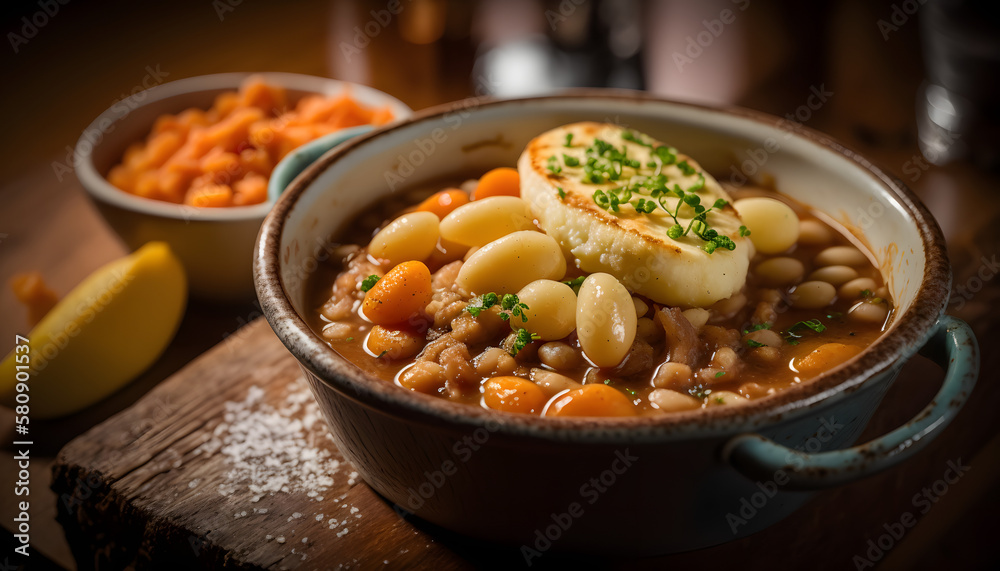 Hearty and Comforting Dublin Coddle with Boiled Potatoes and Baked Beans, AI Generated Hearty and Comforting Dublin Coddle with Boiled Potatoes and Baked Beans, AI Generated
