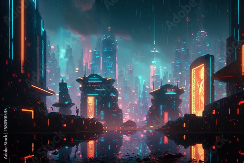 Modern and futuristic cyber city with skyline, towers, holograph hologram commercials neon signs. Generative ai illustration