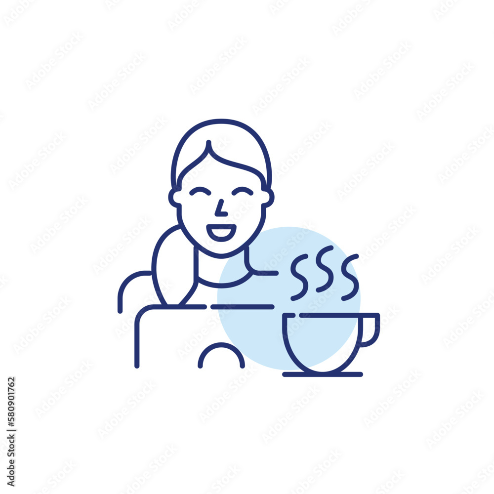 Smiling girl having coffee at her laptop. Pixel perfect, editable stroke line icon Smiling girl having coffee at her laptop. Pixel perfect, editable stroke line icon
