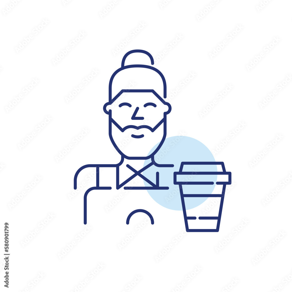 Hipster guy working at his laptop with coffee cup. Remote freelance work. Pixel perfect, editable stroke line icon Hipster guy working at his laptop with coffee cup. Remote freelance work. Pixel perfect, editable stroke line icon