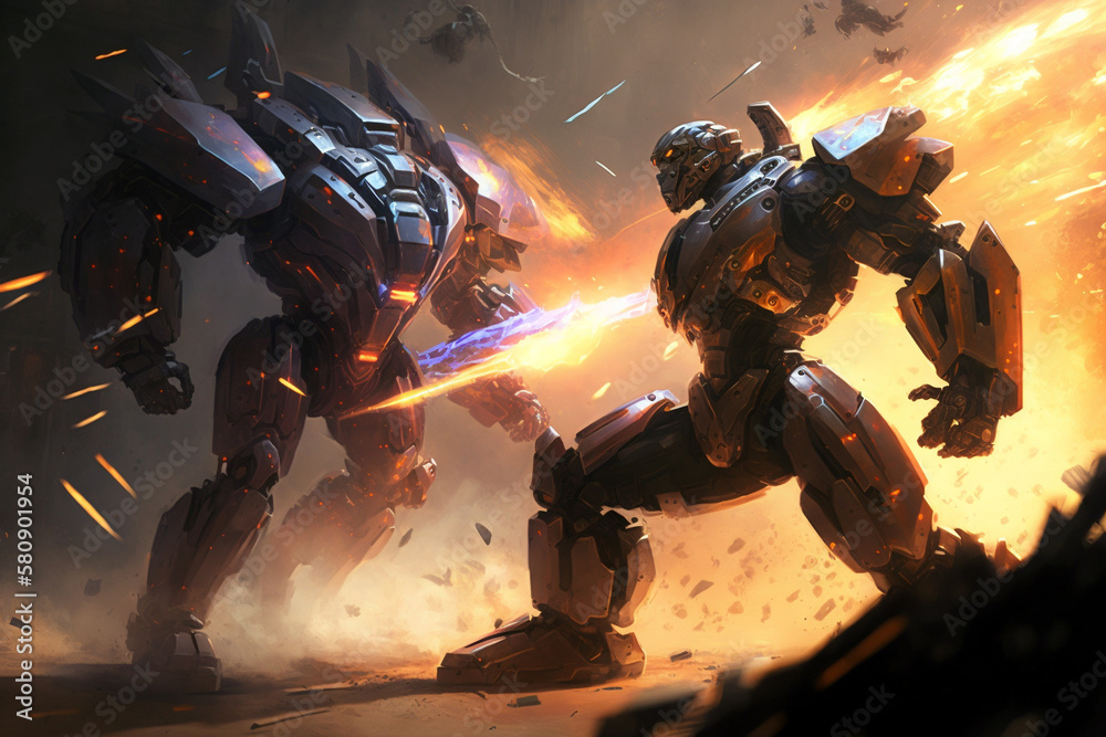 Two giant robots battling it out in a futuristic arena, with intense action and explosive