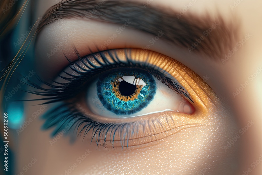 Beautiful blue female eye up close. the ideal, modern eyebrow. Contact lenses, brow bars, or the idea of fashionable eyebrow cosmetics. Generative AI