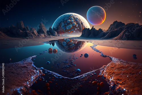 Breathtaking space landscape, deep space, a big beautiful planet with puddle. Generative ai illustration concept art