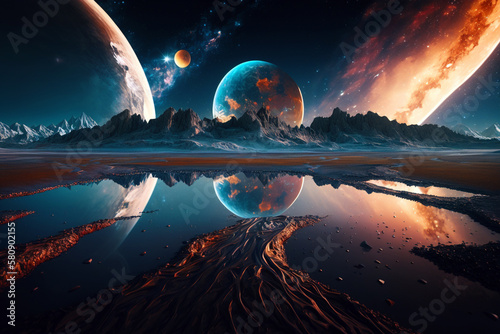 Breathtaking space landscape, deep space, a big beautiful planet with puddle. Generative ai illustration concept art