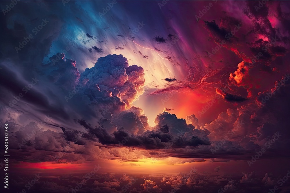 Fototapeta premium Beautiful stormy sunset sky. Cloudy abstract background. Sunset colors. Generative AI