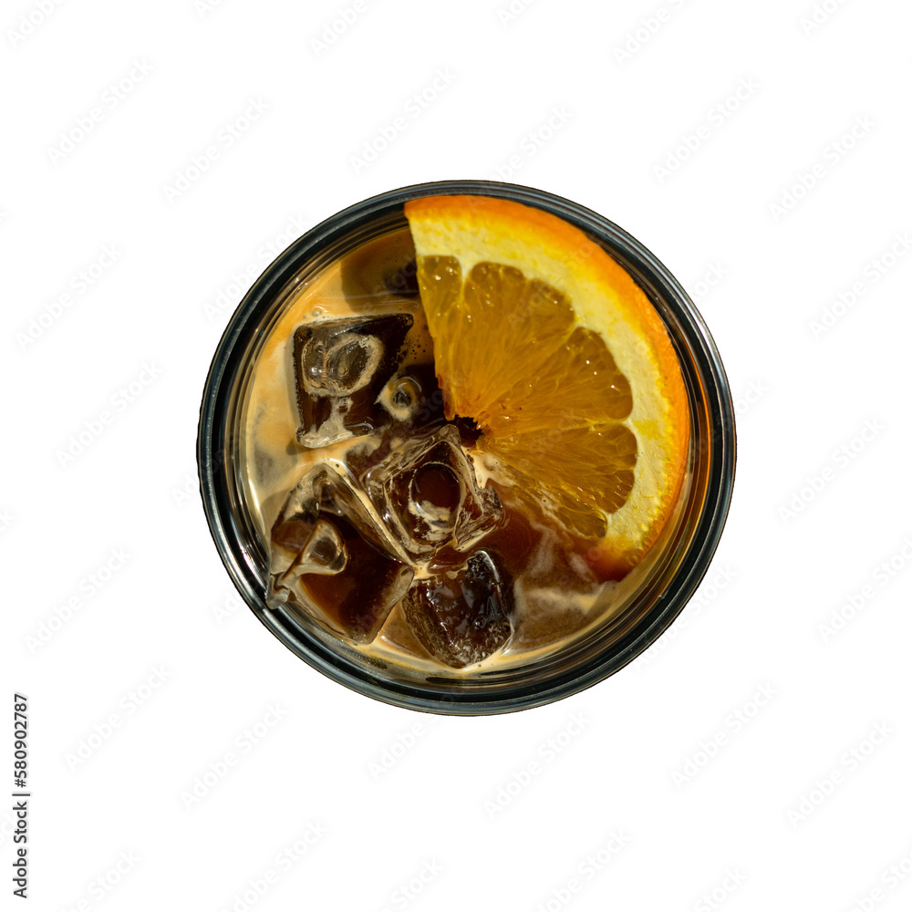 A plastic cup of orange coffee with an orange slice on the side A plastic cup of orange coffee with an orange slice on the side