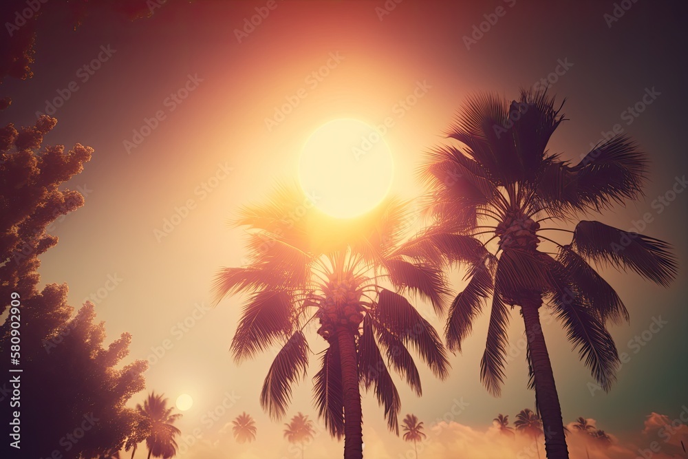 a picture of two lovely palm trees against a sky filled with sun. Generative AI