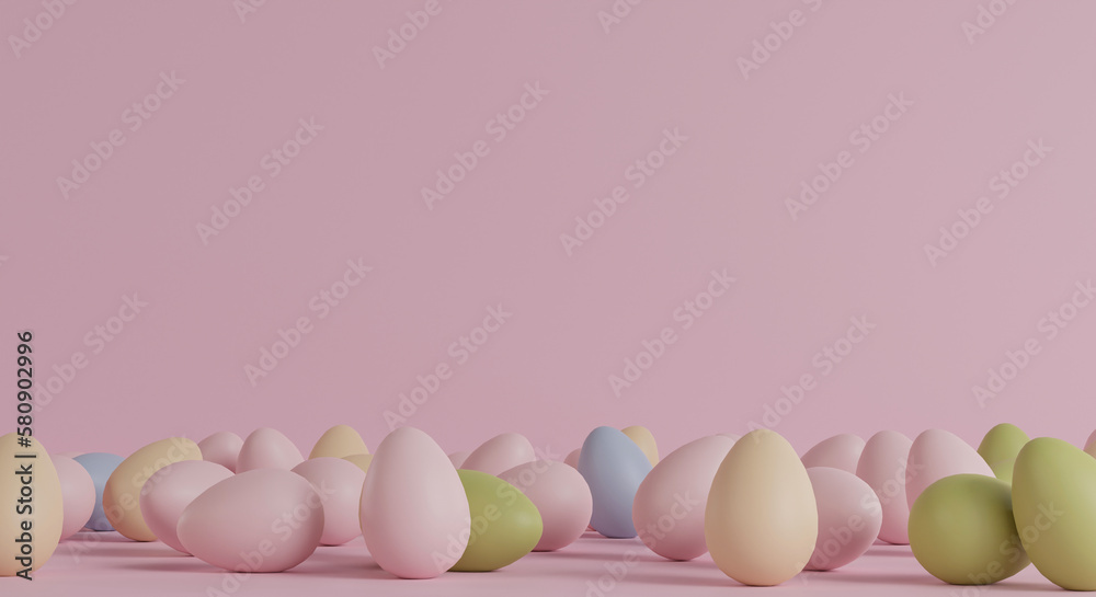 Easter eggs colorful on pink background with copy space. 3d illustration. Easter concept.
