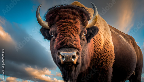 Bison side view, golden hour, at sunset,mammal, isolated