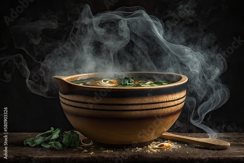 Steaming hot soup in a bowl made of wood and smoke. discerning concentration. Generative AI