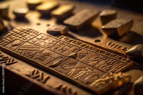 Egyptian hieroglyphs on a historical reproduction are captured in close up, selective focus, and shallow depth of field (SDF) shots. Generative AI photo