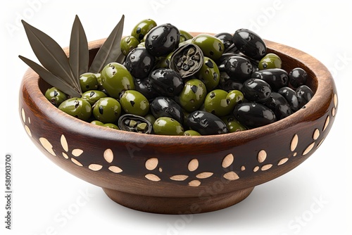 Hojiblanca pitted green and black olives in a wooden bowl. Olives from Europe, namely Olea europaea, a cultivar from Andalucia, Spain. commonly found table olives with less oil. Generative AI photo