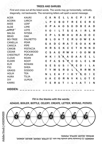 Puzzle page with two word games. Trees and bushes word search puzzle. Fill in the blanks of wheels criss-cross crossword puzzle.
