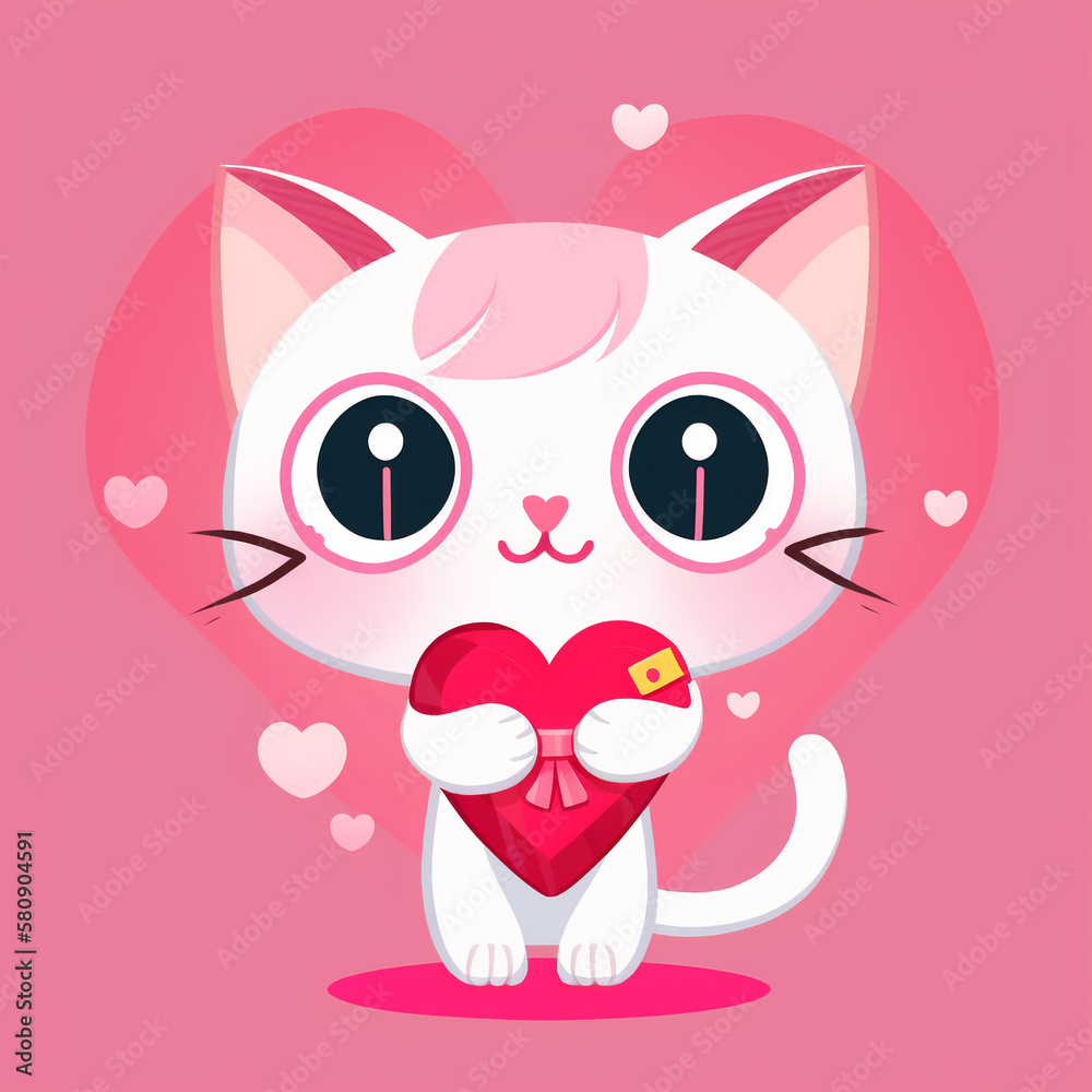Fototapeta premium A cartoon cat holding a heart on a pink background Vector style illustration, cartoon illustration