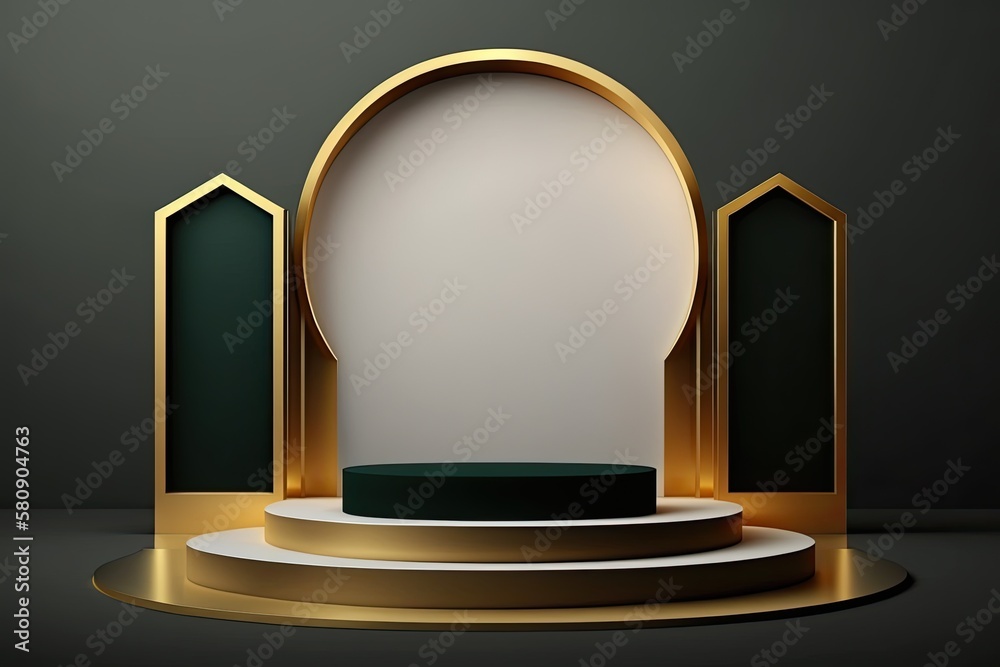 Fototapeta premium Luxury islamic ramadan podium stage product display green and gold frame AI Generated