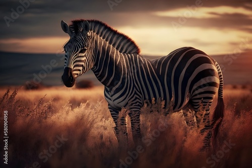 View Of Zebras Standing On Grassy Field During Sunset  Generative AI