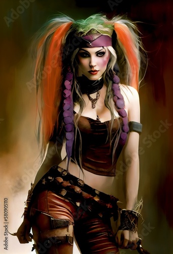 Tablou canvas woman colorful hair posing heavy cover art dark concept pirate character designs