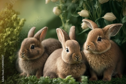 healthy Adorable newborn rabbit on a green garden background with fluffy brown Easter bunnies. The brown hares of Easter. An up close view of a rabbit Easter celebration animal symbol. Generative AI