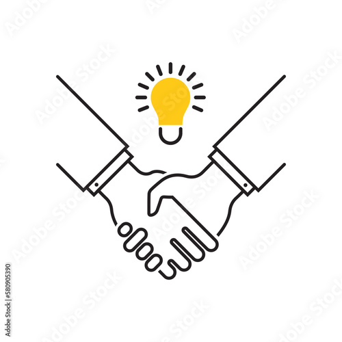thin line shakehand with abstract bulb icon. simple outline trend modern stroke efficacy enterprise logotype graphic design element isolated on white. concept of financial help or venture invest