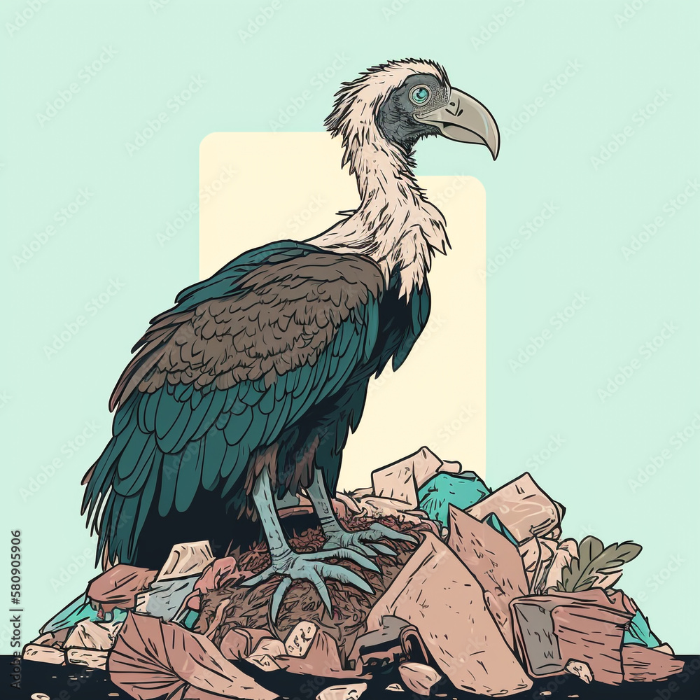 Portrait of a vulture perched on a pile of trash, representing the