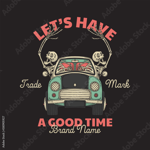 cartoon emblem of skeletons riding a car with retro style