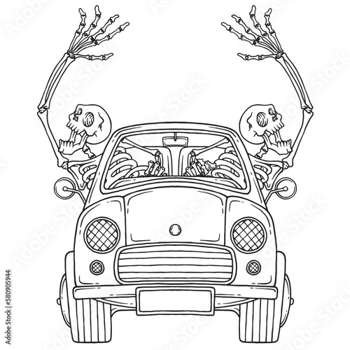 coloring illustration of skeletons riding a car