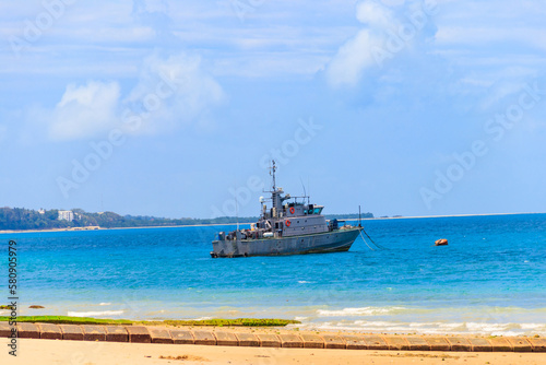 Warship anchored in the Indian ocean near Zanzibar, Tanzania