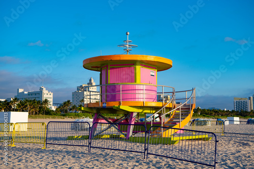 colorful lifeguard at miami beach in summer. lifeguard at miami beach vacation. © be free