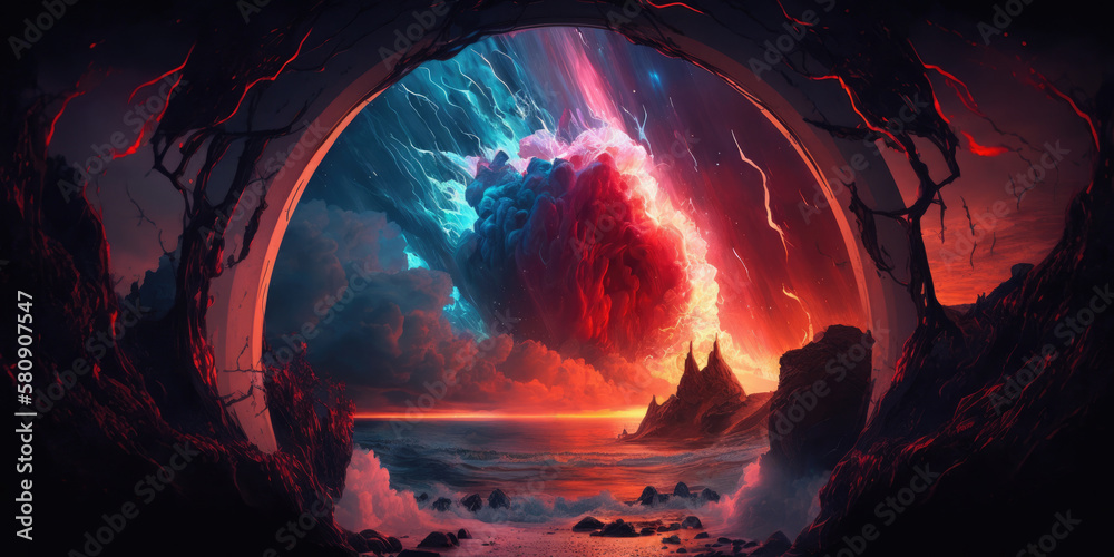 Interdimensional portal rift aurora opening in space over rugged winter ...