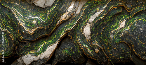 Panel kuchenny z motywem The texture of green marble with white and black inclusions and gold veins. Natural pattern. Abstract 3D illustration of marble surface for backgrounds, wallpapers, photo wallpapers, murals, posters.