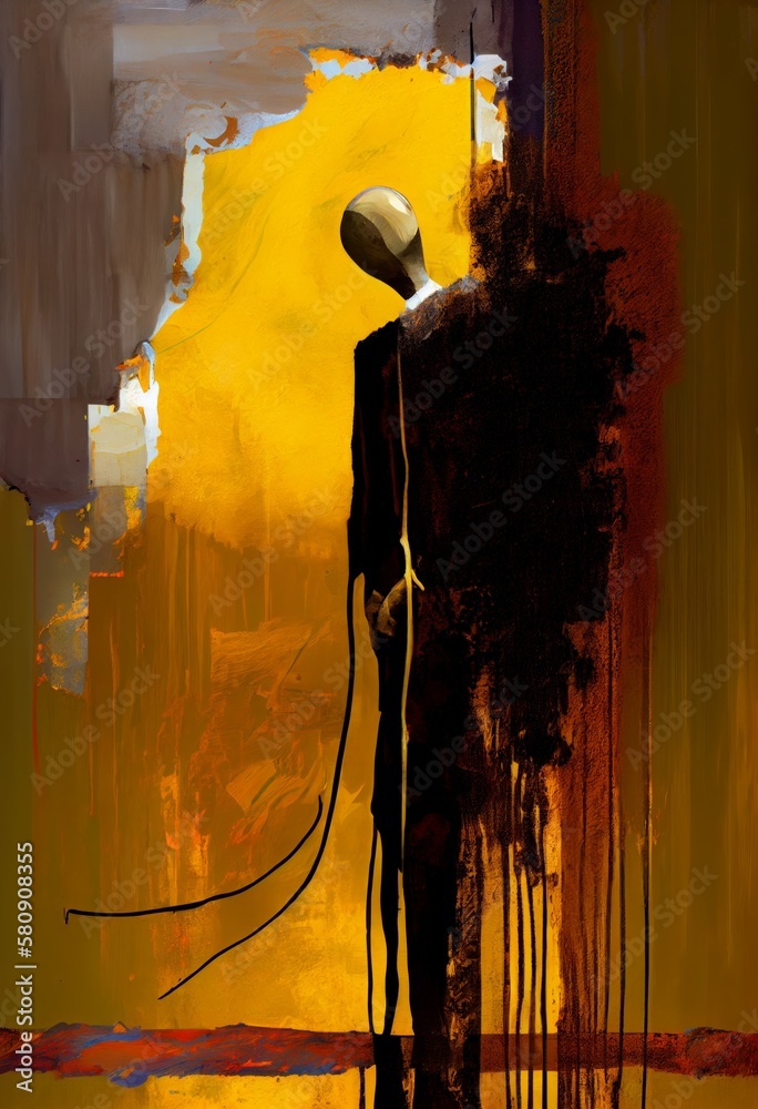 painting man walking dog leash black gold palette portrait standing