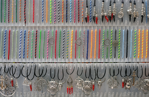 close up of a lot of belts