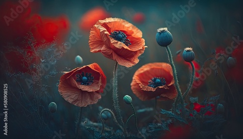A field of poppies with a blue background. Generative AI