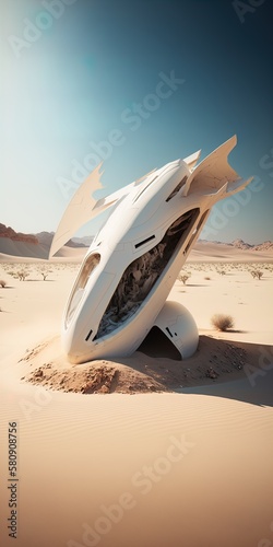 Space ship crashed in the desert of an unknown planet in 8K created with generative ai technology