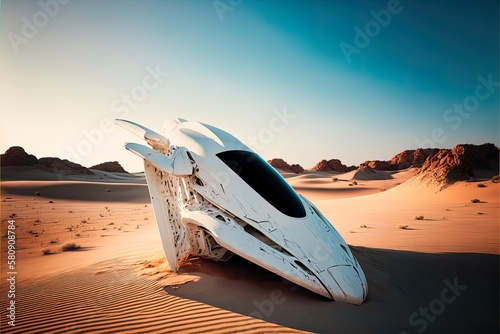 Space ship crashed in the desert of an unknown planet in 8K created with generative ai technology