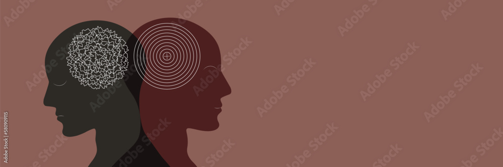 Metaphor bipolar disorder, Double face, Split personality, Parkinson, Psychology, Dual personality Mental health concept, Web banner, Copy space. Metaphor bipolar disorder, Double face, Split personality, Parkinson, Psychology, Dual personality Mental health concept, Web banner, Copy space.