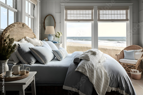 Cozy beach house bedroom, bed, pillows, blankets, coastal seaside background, natural lighting, 3d illustration 