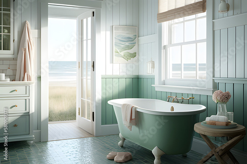 Coastal bathroom with open door, beach landscape in background, interior mockup