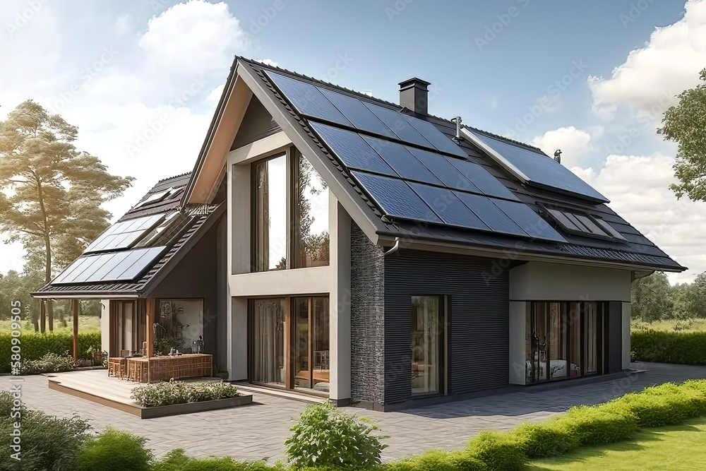 A shining example of eco-friendliness! Freshly constructed homes with solar panels. Generative AI. A shining example of eco-friendliness! Freshly constructed homes with solar panels. Generative AI.